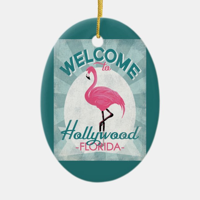 Ornamento De Cerâmica Hollywood Florida Pink Flamingo Retro (Frente)