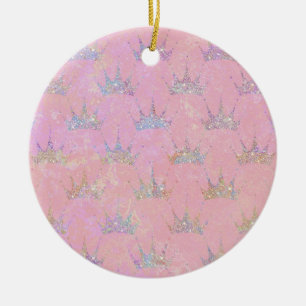 Ornamento De Cerâmica Holograma Hológrafo Glitter Crown Pink Swirl Marbl