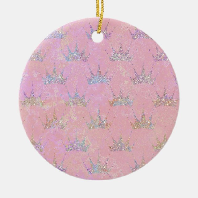 Ornamento De Cerâmica Holograma Hológrafo Glitter Crown Pink Swirl Marbl (Frente)