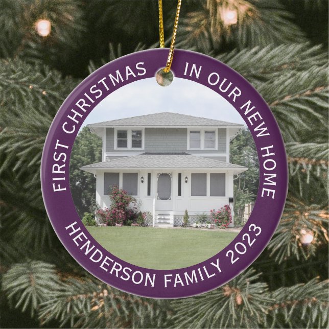 Ornamento De Cerâmica Home Photos First Xmas New Home Name Ano Purple (Criador carregado)