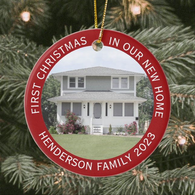 Ornamento De Cerâmica Home Photos First Xmas New Home Name & Year Red (Criador carregado)