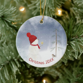 Ornamento De Cerâmica Homem de Neve de Natal com Estrela Dourada