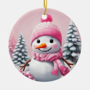 Ornamento De Cerâmica Homem de Neve de Natal Rosa Personalizado