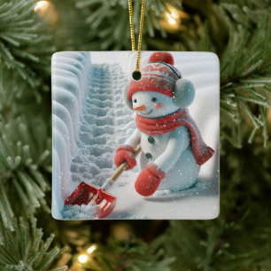 Ornamento De Cerâmica Homem de Neve Natal Com Tiro Vermelho