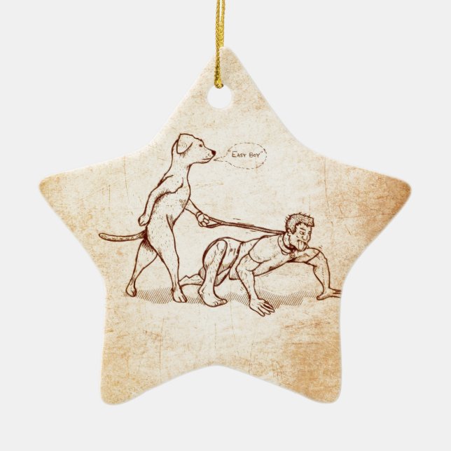 Ornamento De Cerâmica "Homem de passeio do cão do menino fácil" (Frente)