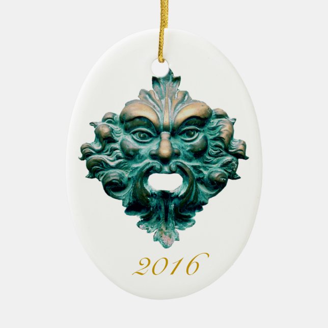Ornamento De Cerâmica Homem Verde em Oval e 2016 - Duplo Lado (Frente)