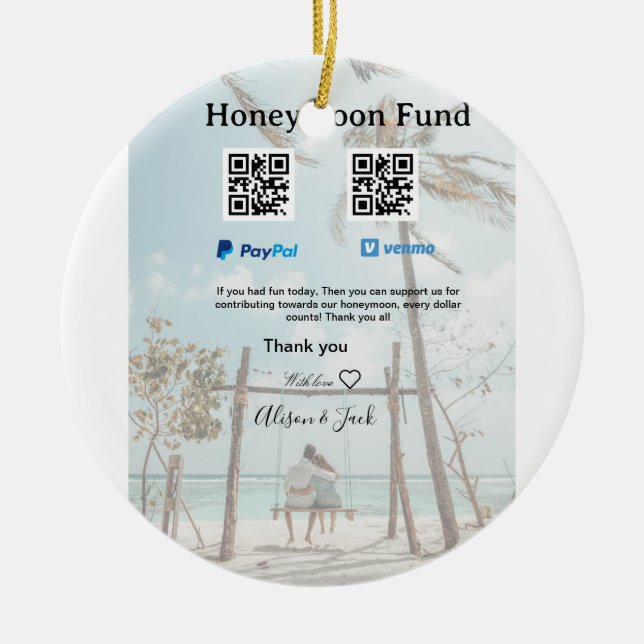 Ornamento De Cerâmica Honeymoon fund venomo paypal donation Q R couple (Frente)