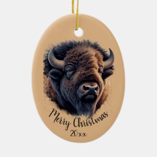 Ornamento De Cerâmica Horário de Natal Datado Personalizado Bison Buffal
