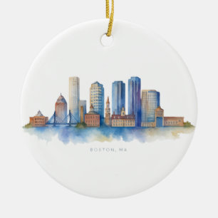 Ornamento De Cerâmica Horizonte de Boston em Aquarela Moderno Boston M