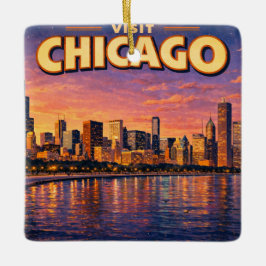 Ornamento De Cerâmica Horizonte de Chicago e Lago Michigan à noite
