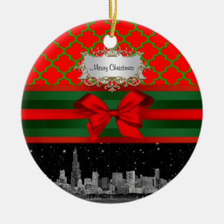 Ornamento De Cerâmica Horizonte de Chicago, Quatrefoil Natal Vermelho Ve