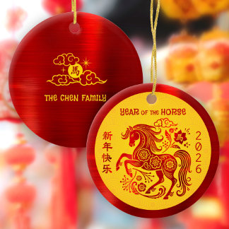 Ornamento De Cerâmica Horse 2026 Chinese Lunar New Year Red Foil Yellow