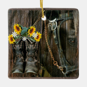 Ornamento De Cerâmica Horse Cowboy Boots Sunflower Russo Conselho