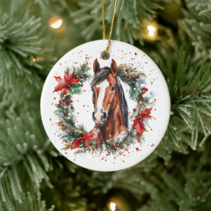 Ornamento De Cerâmica Horse Equestrian Christmas Wreath Festivo