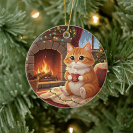 Ornamento De Cerâmica Hot Cocoa Cat Cozy Winter Cat by the Fireplace