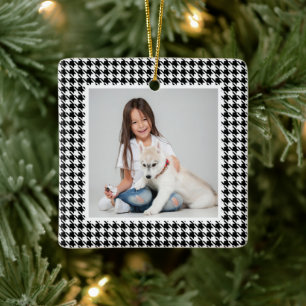 Ornamento De Cerâmica Houndstooth black & white holiday photo Christmas