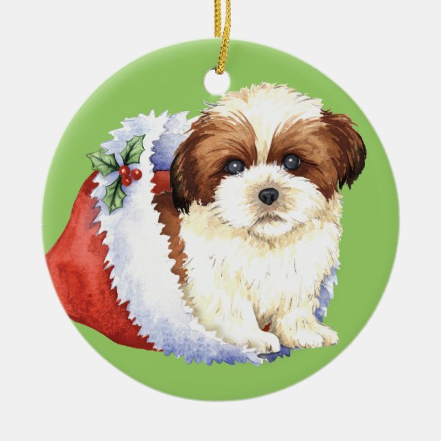 Ornamento De Cerâmica Howlidays feliz Shih Tzu (Frente)