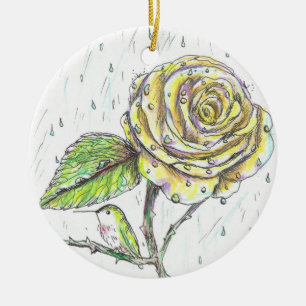 Ornamento De Cerâmica Hummingbird e Rosa no Desenho da Chuva