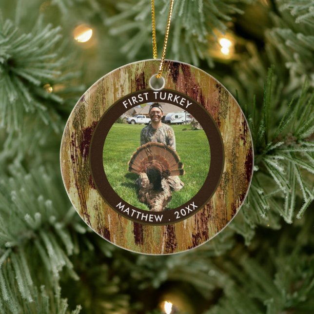 Ornamento De Cerâmica Hunter FIRST TURKEY Foto Brown Green Personalizada (Árvore)