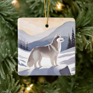 Ornamento De Cerâmica Husky do Alasca   Aquarela do Cão da Montanha