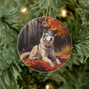 Ornamento De Cerâmica Husky Siberiano na Queda de Folhas de Outono Inspi