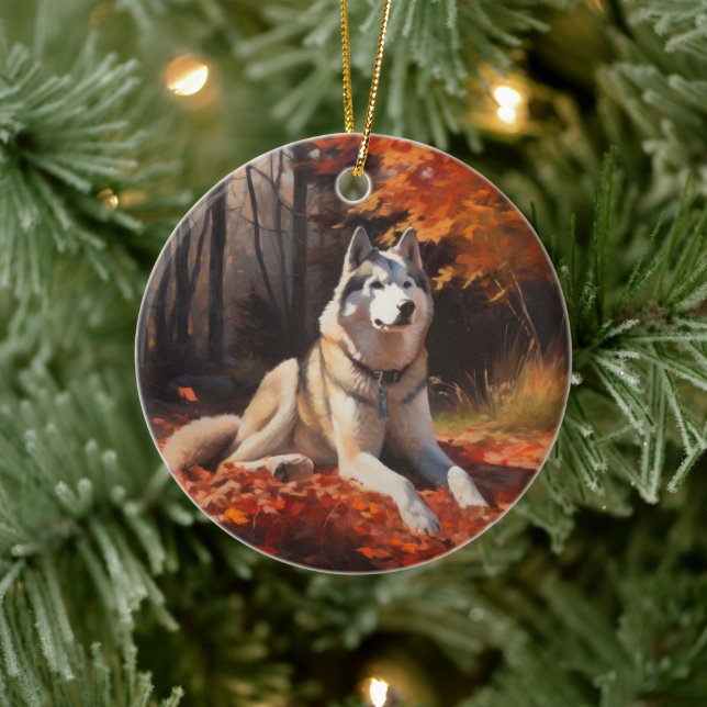 Ornamento De Cerâmica Husky Siberiano nas Folhas do outono cai inspirado (Árvore)