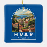 Ornamento De Cerâmica Hvar Croácia Viagem Art Vintage<br><div class="desc">Design de viagem do vetor retrô Hvar. Hvar,  uma ilha croata no Mar Adriático,  é mais conhecida como um resort de verão. Entre os destaques da cidade portuária de Hvar estão os muros do século 13.</div>