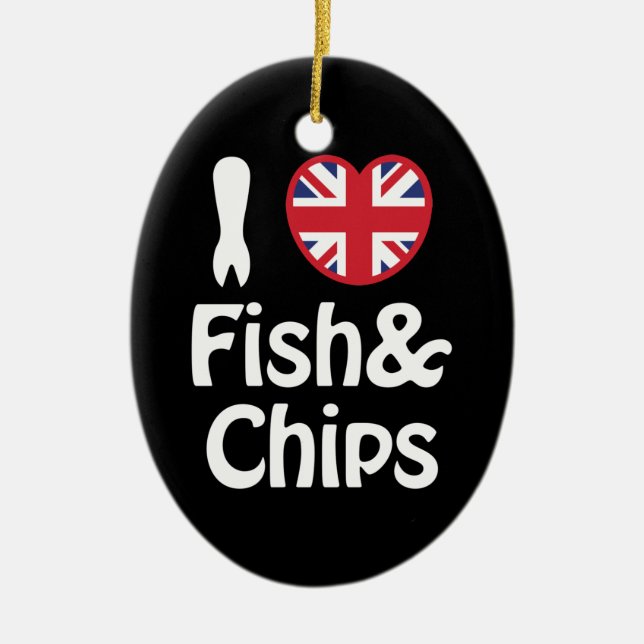 Ornamento De Cerâmica I Heart [Love] Fish & Chips (Frente)