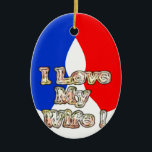 Ornamento De Cerâmica "I Love My Wife" Art Impressão<br><div class="desc">"I Love My Wife" Art Impressão Experimente a sentida elegância da nossa Impressão de Arte "I Love My Wife". Esta trabalho de arte contrasta lindamente cores vibrantes com uma mensagem romântica, criando uma composição visualmente impressionante. Recursos do design: Fundo: o plano de fundo é dividido verticalmente, apresentando um azul profundo...</div>