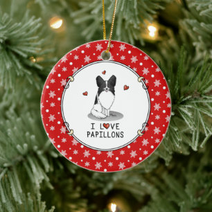 Ornamento De Cerâmica I Love Papillons (branco e preto) Hearts Dogs Cute