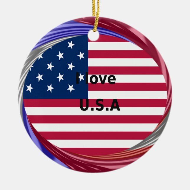 Ornamento De Cerâmica I Love U.S.A Swirl: Patriotic Heart Art Impressão (Frente)