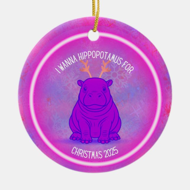 Ornamento De Cerâmica I Wanna Hippopotamus for Christmas - Purple (Frente)