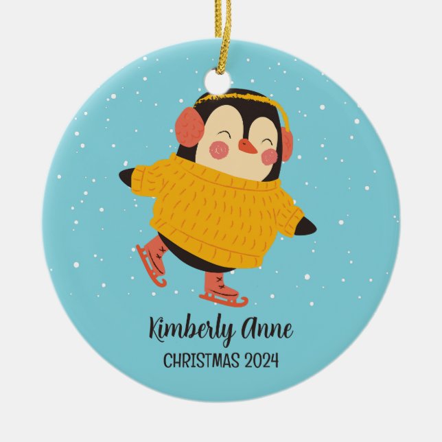 Ornamento De Cerâmica Ice Skating Penguin Natal Snowy Feriado de inverno (Frente)