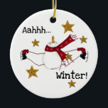 Ornamento De Cerâmica Ice Skating Snowman Keepsasaame Ornament<br><div class="desc">Um boneco de neve com skates de gelo longos e vermelhos enquanto rodeado por estrelas ouros e texto lê "Aahhh...  Winter!" no nosso Gce Skating Snowman mantém o ornamento de feriado.</div>