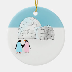 Ornamento De Cerâmica Igloo com pinguins coloridos