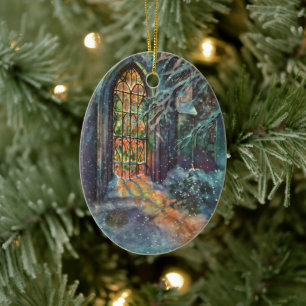 Ornamento De Cerâmica Igreja do natal vintage com janela de vitral