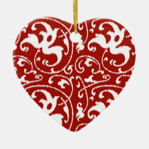 Ornamento De Cerâmica Ikat Floral Damask - Vermelho Escuro e Branco
