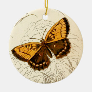 Ornamento De Cerâmica Ilustração da Borboleta Vintage, Dourada e casta