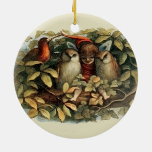 Ornamento De Cerâmica Ilustração da Natureza de Corujas e Fadas Elfas