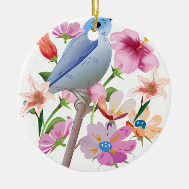 Ornamento De Cerâmica Ilustração das flores de aves e molas (Frente)