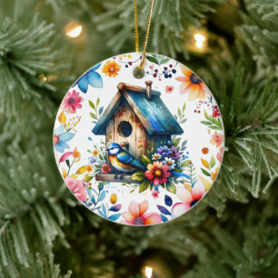 Ornamento De Cerâmica Ilustração de Aquarela de Birdhouse e Bird