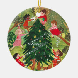 Ornamento De Cerâmica Ilustração de árvore de Natal com crianças fofas