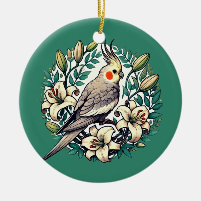 Ornamento De Cerâmica Ilustração de Aves Cockatiel (Frente)