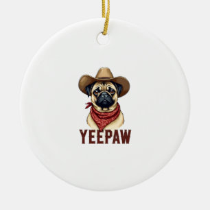 Ornamento De Cerâmica Ilustração de Cachorro Western YeePaw Pug Cowboy V