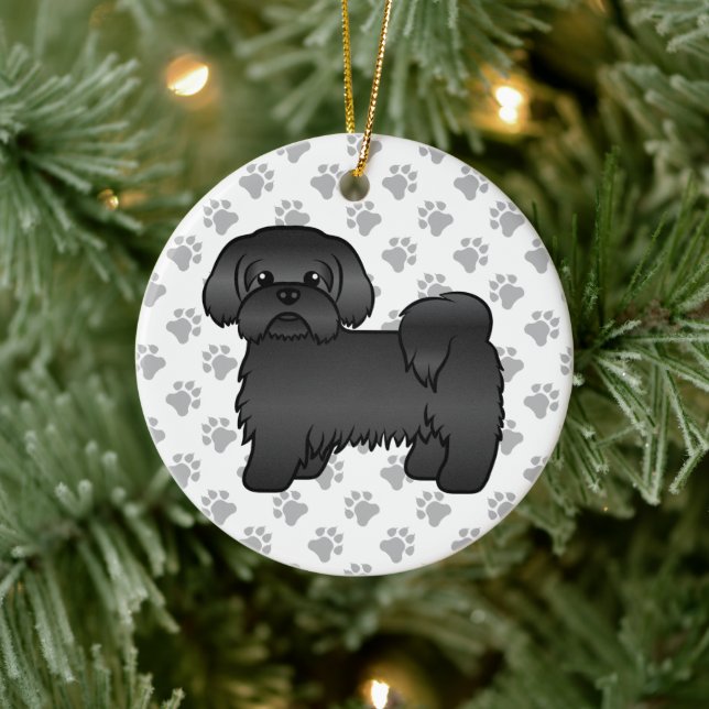 Ornamento De Cerâmica Ilustração de Cão de Cartoon Negro Shih Tzu Cute (Árvore)