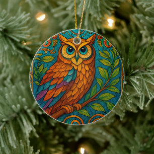 Ornamento De Cerâmica Ilustração de Coruja de Arte Popular Mística – Boh