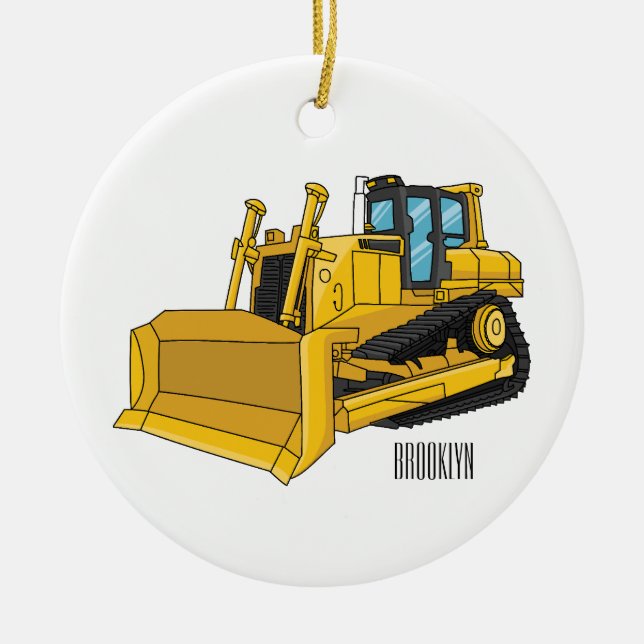 Ornamento De Cerâmica Ilustração de desenho animado Bulldozer (Frente)