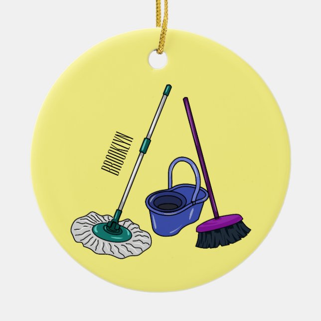 Ornamento De Cerâmica Ilustração de desenho animado de Broom & mop (Frente)