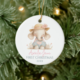 Ornamento De Cerâmica Ilustração de Elefante Fofo Menina Primeiro Natal