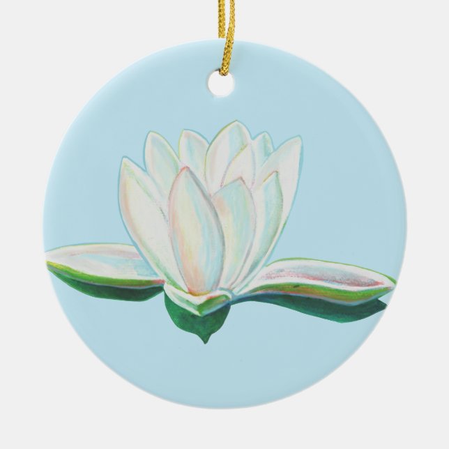 Ornamento De Cerâmica Ilustração de Flor de Lotus Branco (Frente)